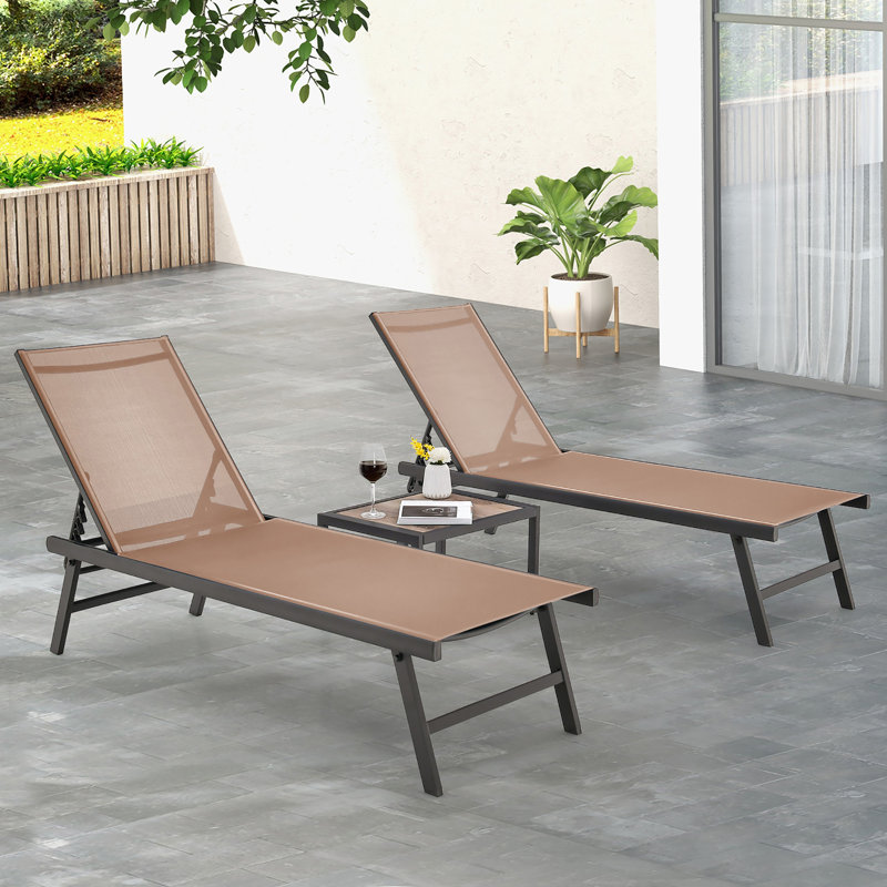 Outdoor Metal Chaise Lounge with Table, Brown