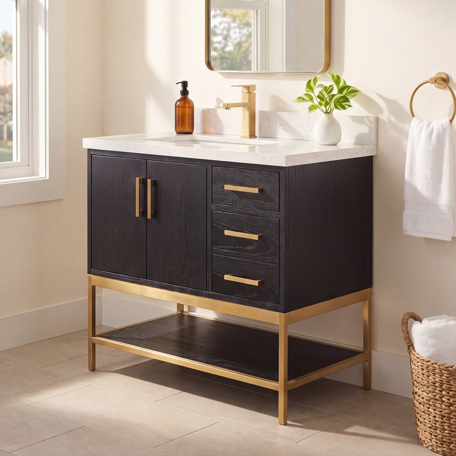 36" Single Bathroom Vanity, Black, Gold