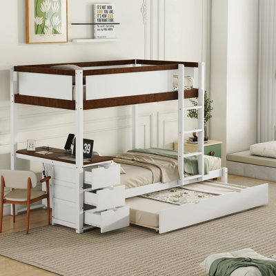 Lit simple superposé simple avec lit gigogne simple, rangement et bureau, blanc et noyer