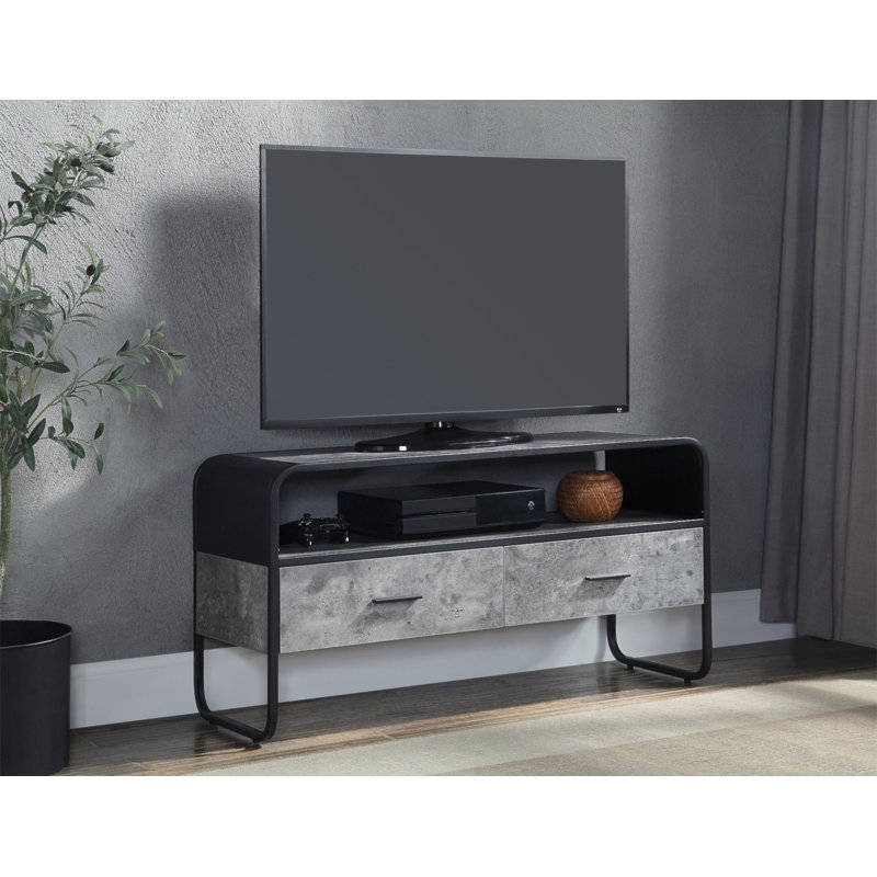 Meuble télé Raziela au fini gris béton et noir avec beaucoup de rangement et un design moderne pour une expérience de divertissement améliorée