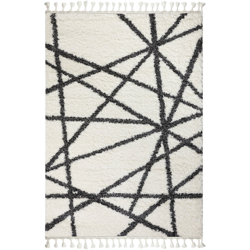 Tapis tissé de luxe, 5,2 x 7,5 pieds, blanc et anthracite | 100% polyester brillant, hauteur de velours de 1,97 po, 400 000 points de fil | Design à franges, semelle en coton et en jute | Facile à nettoyer, parfait pour les salons modernes