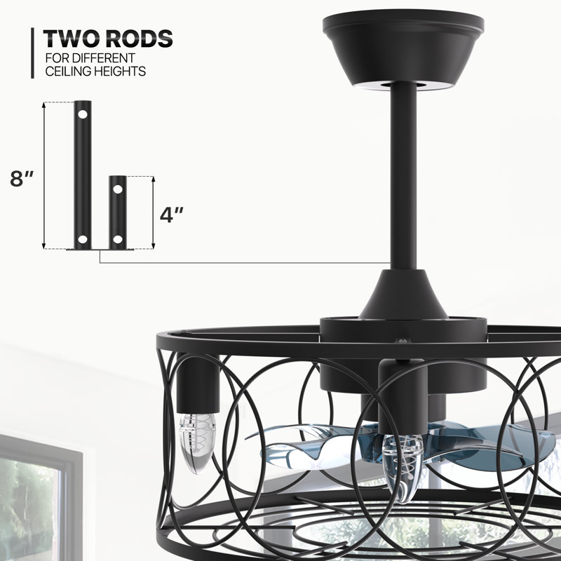 Black 18" Iron Caged Ceiling Fan with LED Light and Remote
