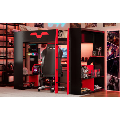 Full Size Wood Loft Bed with Power Outlet & USB/Type-C Ports, Integrated Cable Management, and RGB Light, Red