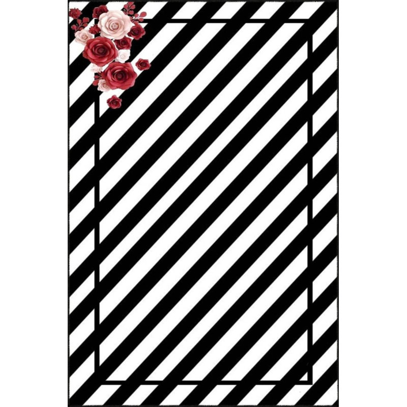 Tapis décoratif à rayures géométriques diagonales noires à motif floral moderne, Rectangle 2 pi 4 po x 4 pi