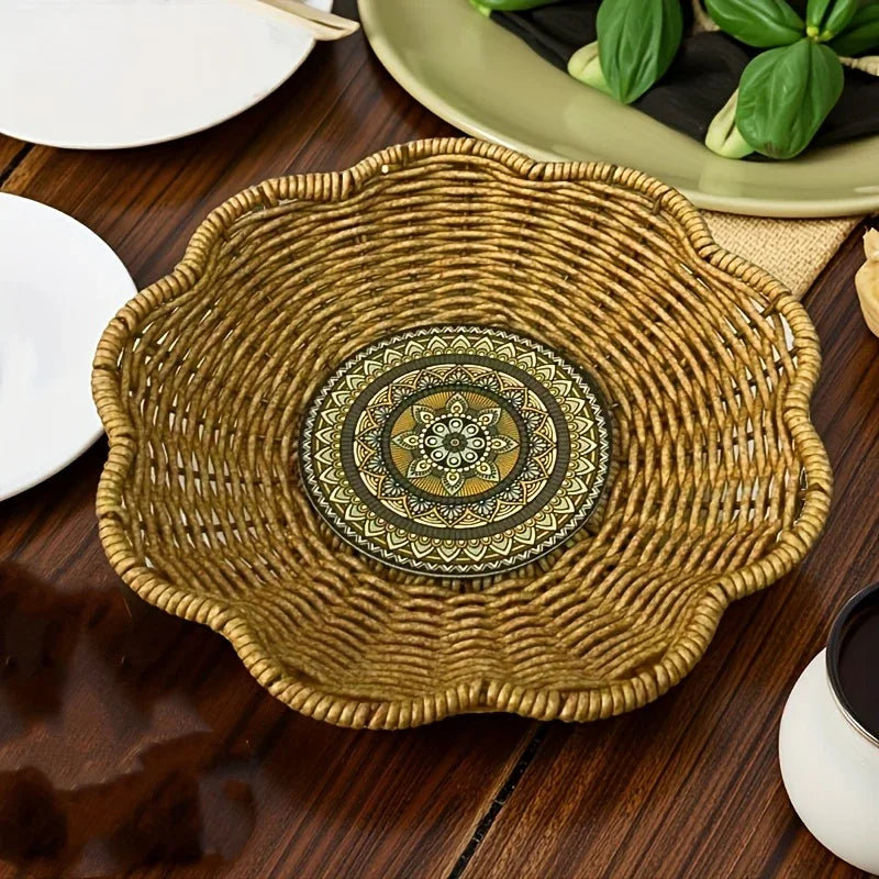 A Handcrafted Woven Storage Tray in a High-Foot Wave Shape, Featuring a Bohemian Pattern, 8.66" W x 8.66" D x 2.36" H