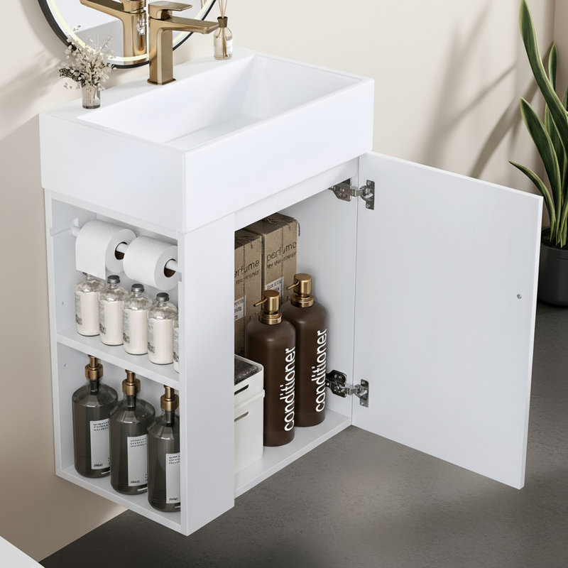 Rangement autoportant pour salle de bain de 20 po avec lavabo simple, meuble-lavabo compact étroit avec porte à motif de losanges, poignée dorée, tablettes latérales et barre à serviettes