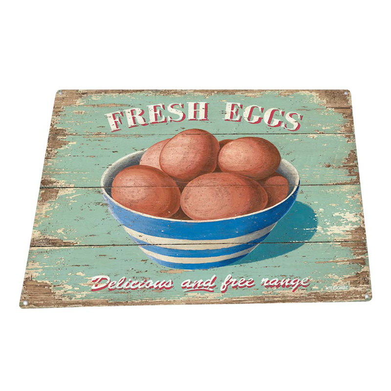 Oeufs frais sur panneau en métal turquoise