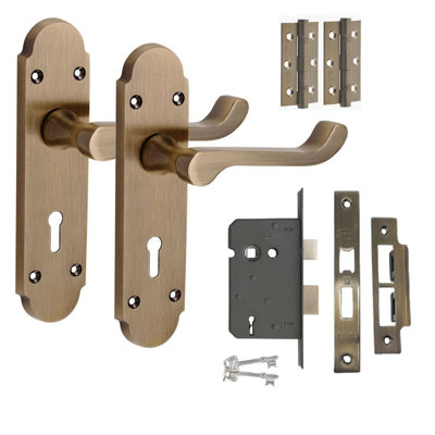 Golden Grace 1 Pair Epsom Design Scroll Lock Door Handle Antique Brass - Secure and Elegant 3 Lever Lock Set with Hinges - 168mm x 40mm