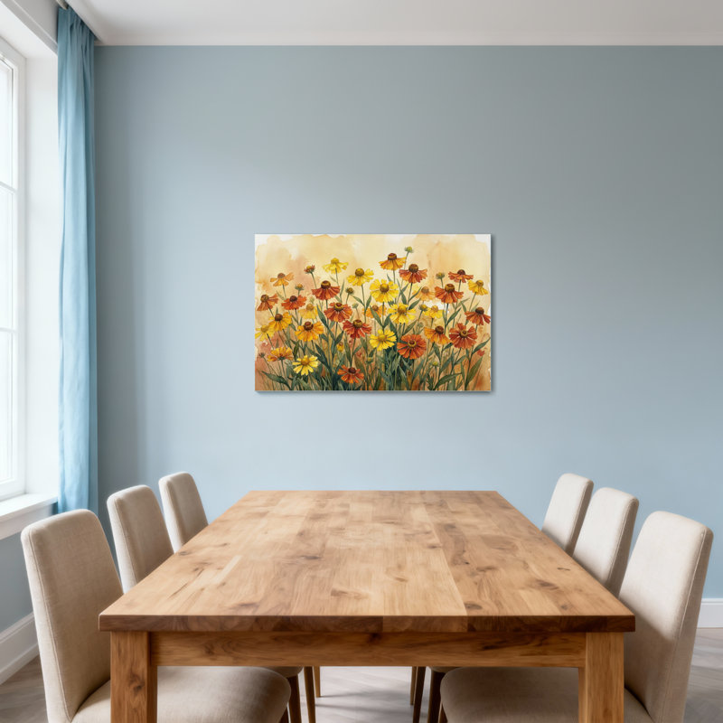 Plantes et fleurs, fleurs jaunes et oranges dans un style aquarelle, H 12 po x l 18 po