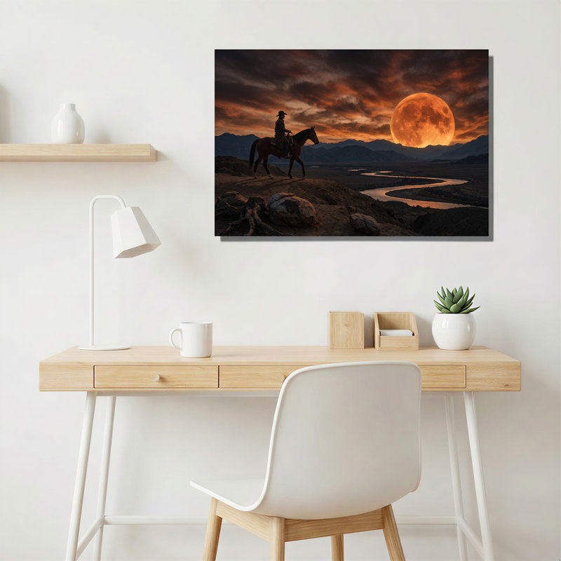 Western Cowboy sur cheval avec lune orange géante sur toile, H 16 po x l 24 po
