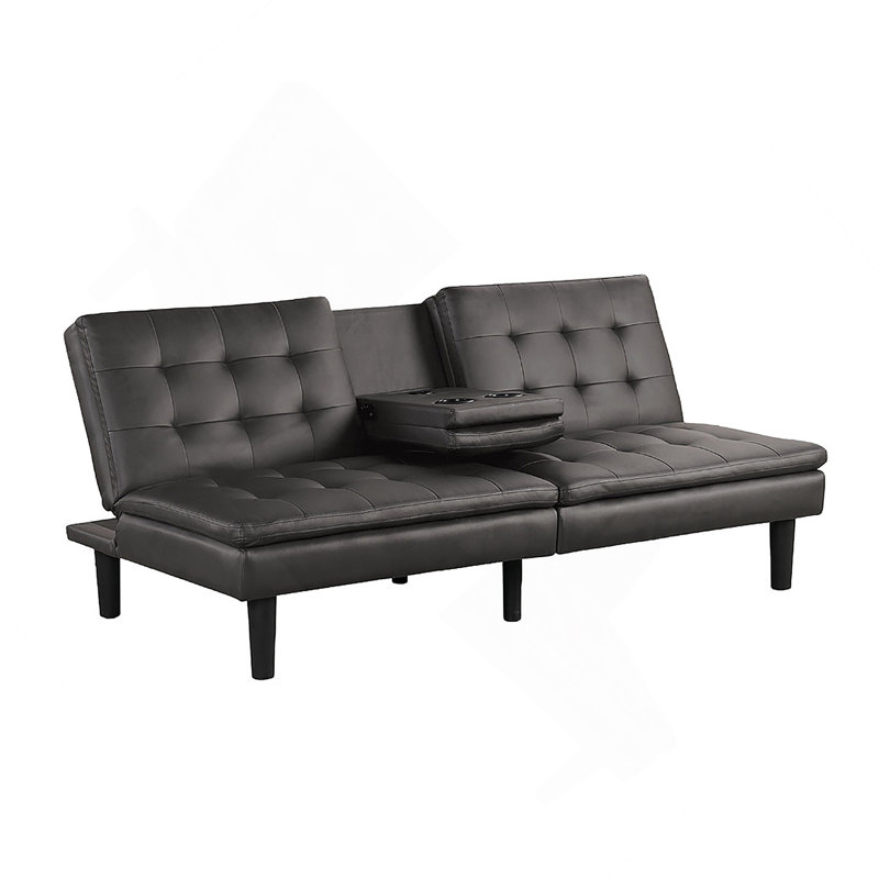 Contemporary Futon Sofa Bed With Gray Finish, Biscuit Tufting, Drop-Down Table, And USB Chargers For Modern Living, Gray