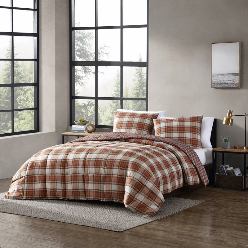 Eddie Bauer Edgewood Plaid Cotton Reversible Duvet Cover Set, Red, Twin Duvet Cover + 1 Standard Sham