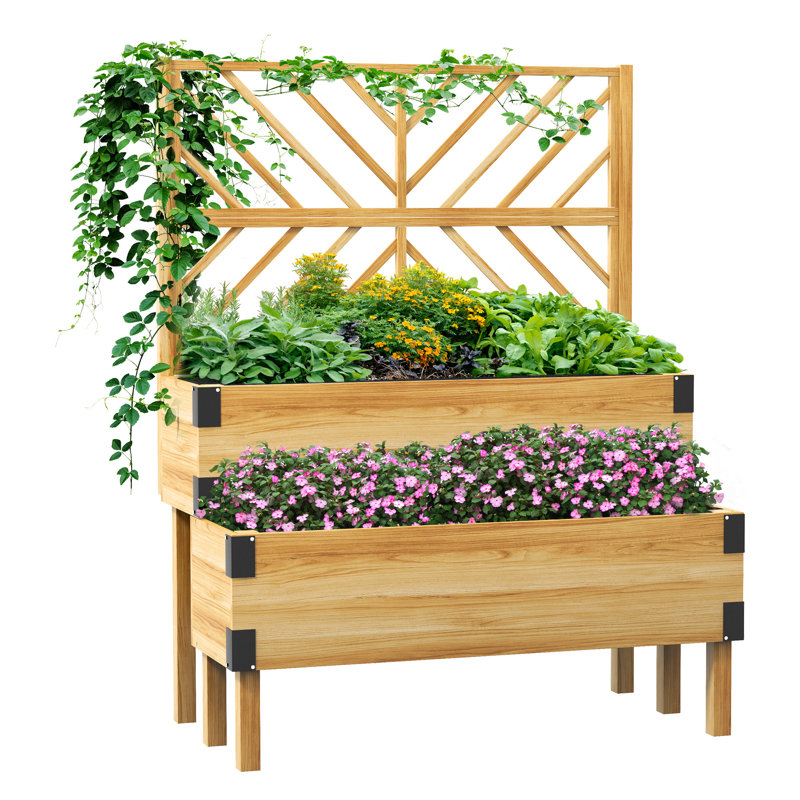 Jardinière en treillis à 2 niveaux, lit de jardin surélevé en bois, naturel, Bois naturel