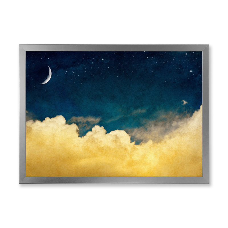 Nuage jaune sur un ciel bleu foncé - peinture sur toile, H 34 po x l 44 po, Cadre photo argenté