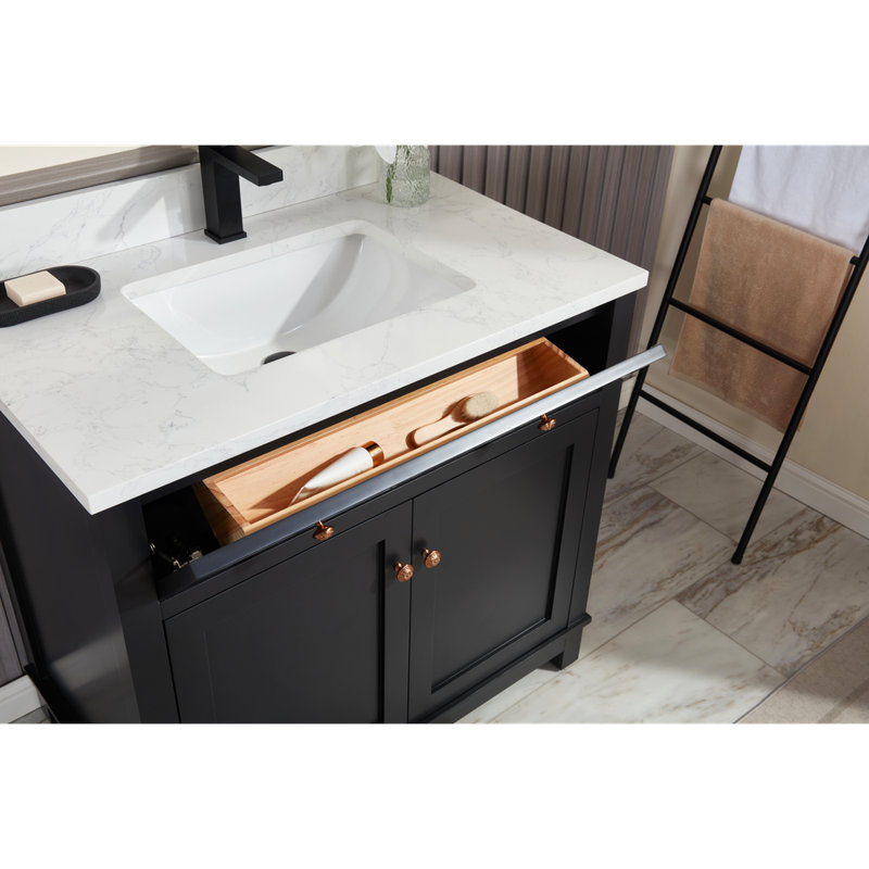 36" Solid Wood Bathroom Vanity with 1" Engineered Marble Top, Single Sink, Tricorn Black, Rose Gold