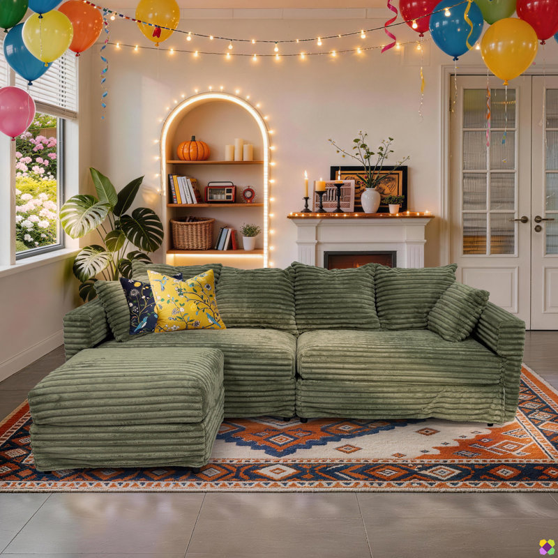 Gus 102.4"W 5 Seaters Convertible LAF RAF Corduroy Sectional, include1 Ottoman, Olive Green Plush Corduroy Fabric