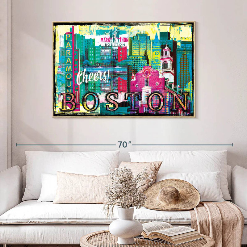 Repères grunge de Boston City, Cadre flottant en bois naturel, 46 po x 31 po
