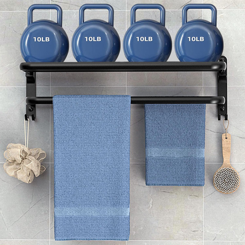 Porte-serviettes mural pliable pour salle de bain, porte-serviettes double en acier inoxydable avec tablette et crochets, organisateur de salle de bain robuste résistant à la rouille