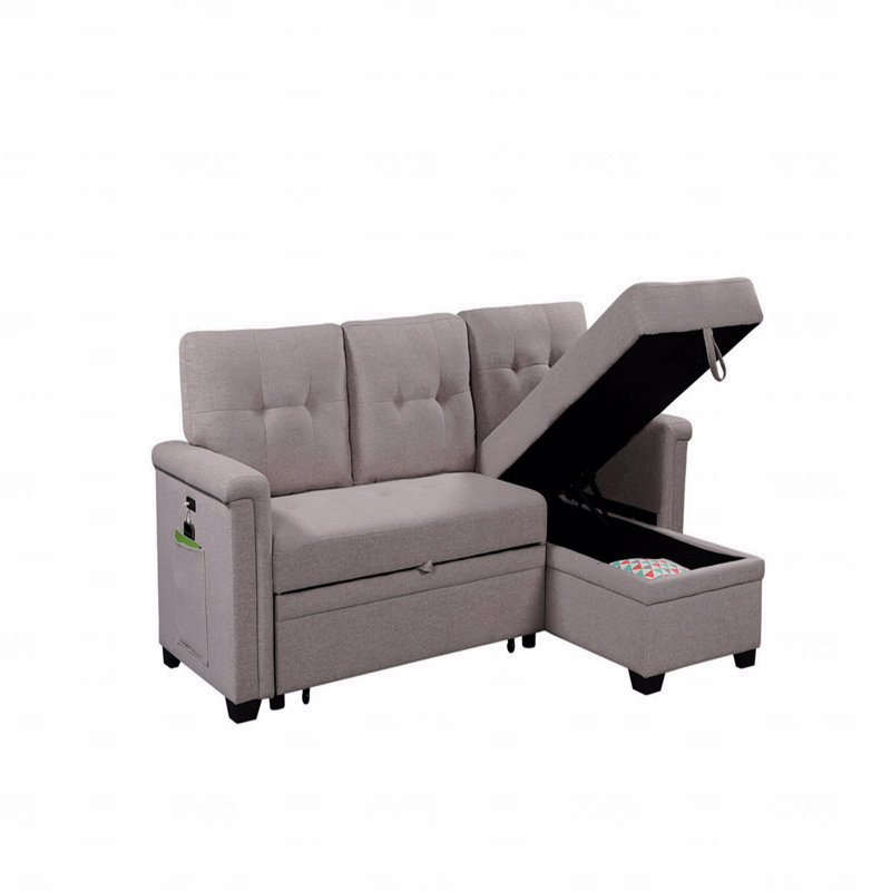 Canapé-lit modulaire réversible avec méridienne, ports de charge USB et poche, Lin brun