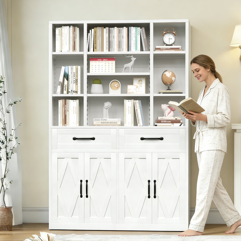 Bibliothèque de 71 po de hauteur avec portes, tiroirs et tablettes ouvertes réglables, armoire de rangement en métal pour bureau personnel, salon, bibliothèque industrielle, blanc