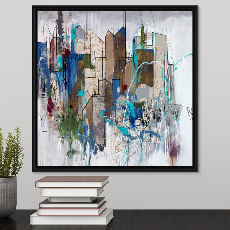 « stomping ground oreillers », peinture sur toile, Cadre flottant noir, H 17,7 po x l 17,7 po x P 1,75 po