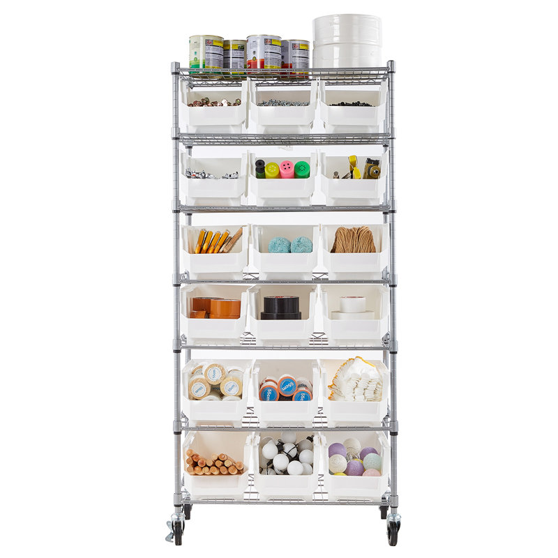 Étagère de rangement à roulettes à 7 niveaux, 18 bacs de rangement, système d'étagères en fil d'acier avec roulettes, organisateur d'outils mobile pour garage, entrepôt, bureau, restaurant, salle de classe, cuisine