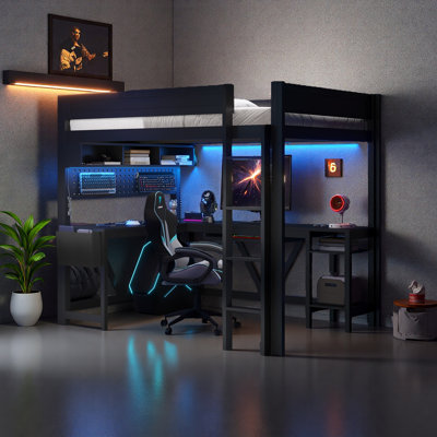 Wood Full Size Gaming Loft Bed With Desk, Storage Shelves, LED And Charging Station