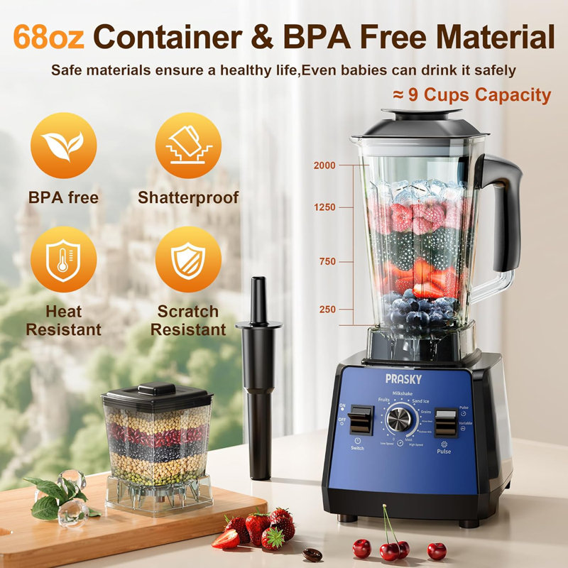Mélangeur de comptoir Prasky 1000 W, mélangeur professionnel 68 oz avec pales à glace en acier inoxydable, mélangeur 2-en-1 et broyeur combiné, sans BPA pour les boissons frappées, fruits et noix congelés - vitesse variable et fonction pulsée