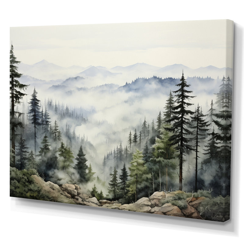 «Pine Tree Misty Mountain I», art sur toile de pin, Toile tendue, H 12 po x l 20 po, Sans cadre