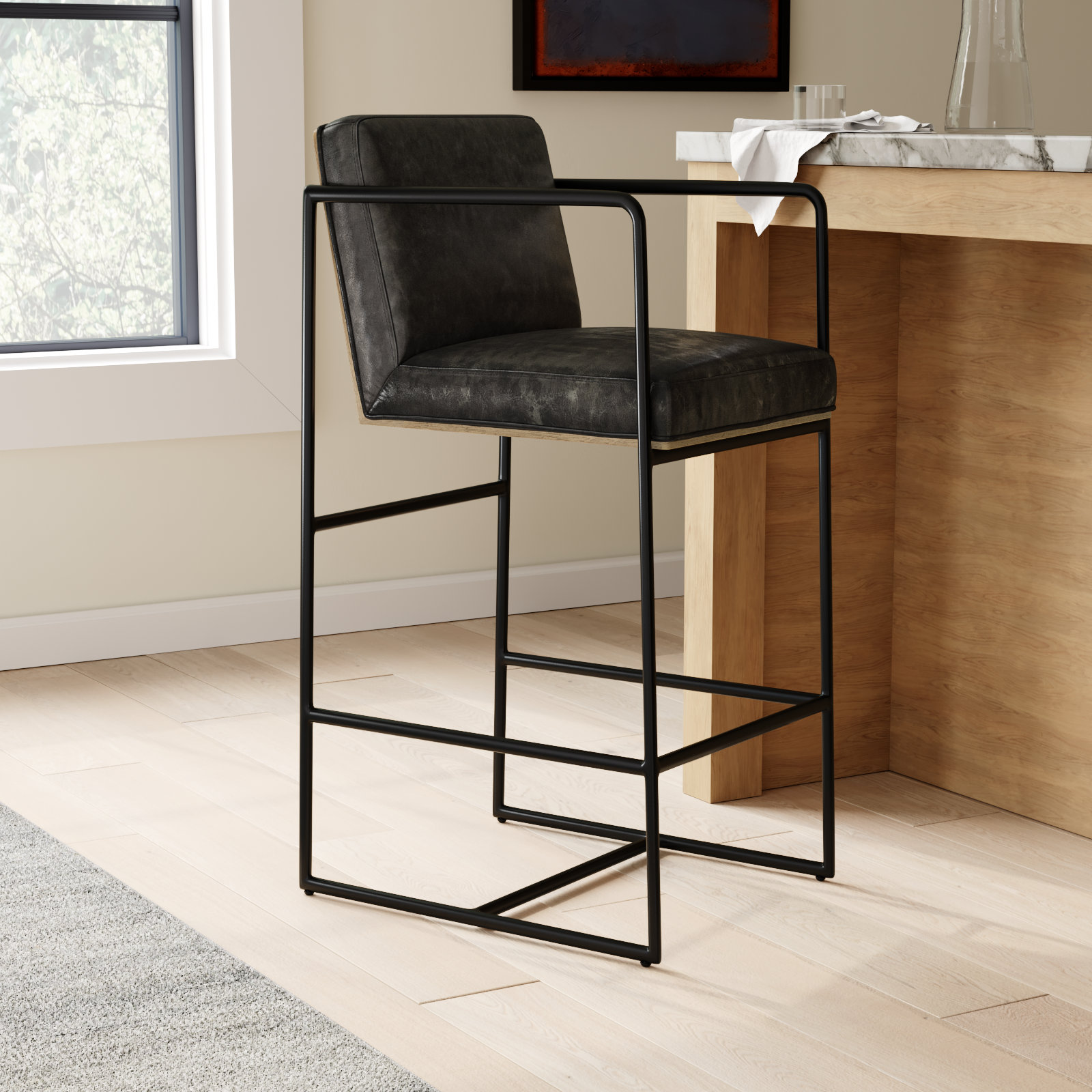 Sidney Genuine Leather Bar & Counter Stool, Bar Stool (29.5” Seat Height), Dark Gray