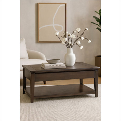 Table basse Mid-Century en bois massif avec plateau relevable, rangement caché et roulettes