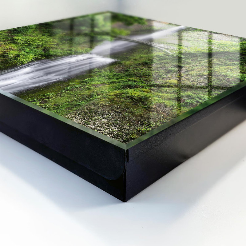 Wall mounted key box, Opens to the right, 30x30x5, Black, A waterfall and a bridge surrounded by greenery, 
