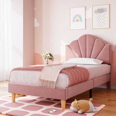 Twin Velvet Upholstered Bed Frame with Adjustable Headboard, Wood Slat Support for Boys & Girls