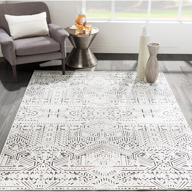Tapis ivoire et gris anthracite tissé au métier mécanique Adhitya, Rectangle 7 pi 10 po x 9 pi 10 po
