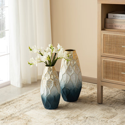 Vase de plancher abstrait en métal bleu et doré