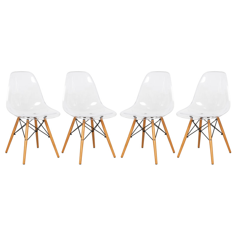 Dubuque Dining Side Chair with Metal Eiffel Base Design and Beech Wood Legs, Clear, 4