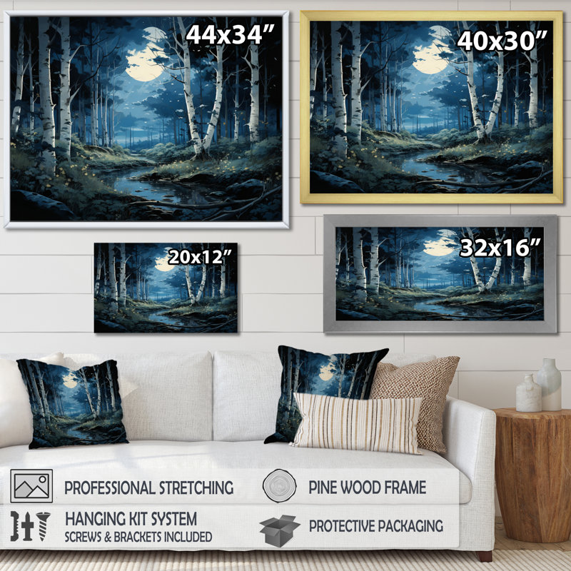 Birch Woods Moonlit Symphony IV sur impression sur toile, H 16 po x l 32 po x P 1 po, Toile tendue
