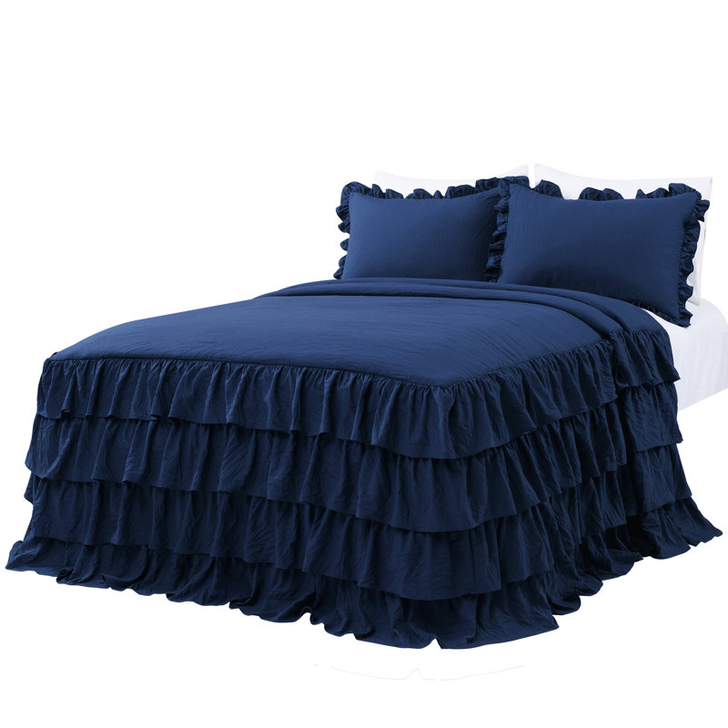 Navy Queen Ruffle Skirt Bedspread Set with Shams