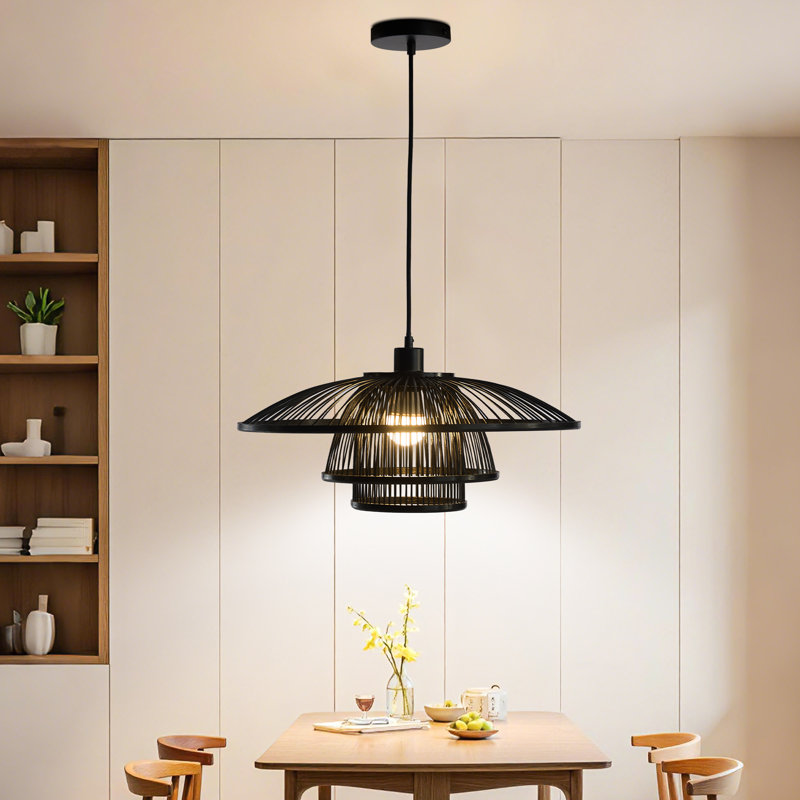 Luminaire suspendu en bambou tissé à la main à plusieurs niveaux, Noir mat