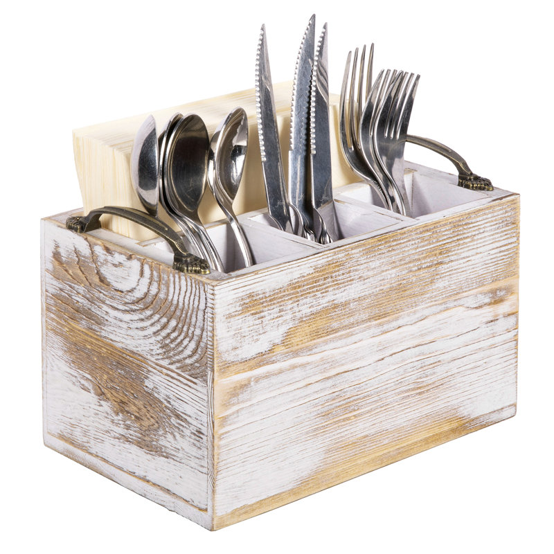 4 Compartment Wood Rectangle Flatware Caddy