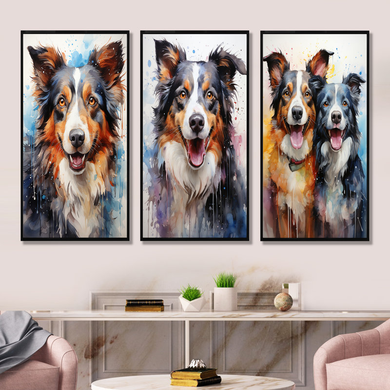 Border Collie Brilliance - ensemble de 4 impressions sur toile de chien, Cadre flottant noir, H 28 po x l 36 po