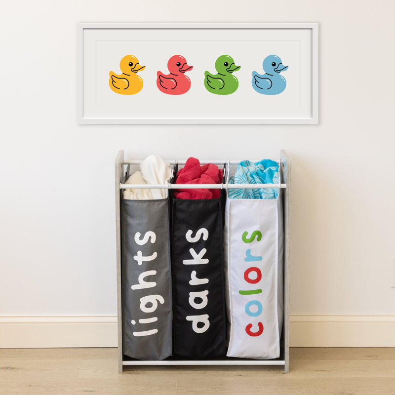 Ebern Designs Slate Kids Laundry Organizer With 3 Removable Laundry Hampers, Gray Woodgrain/White