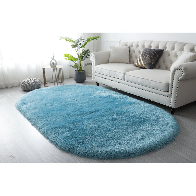 Tapis bleu sarcelle à poils longs Tyrese, Ovale 5 pi x7 pi