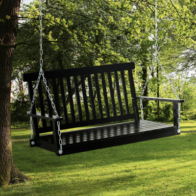 2 Hanging Porch Swing Chair From , Black With 440Lbs Capacity, Slatted Back For Comfort Outdoor Hanging, Seat Backyard Pleasure