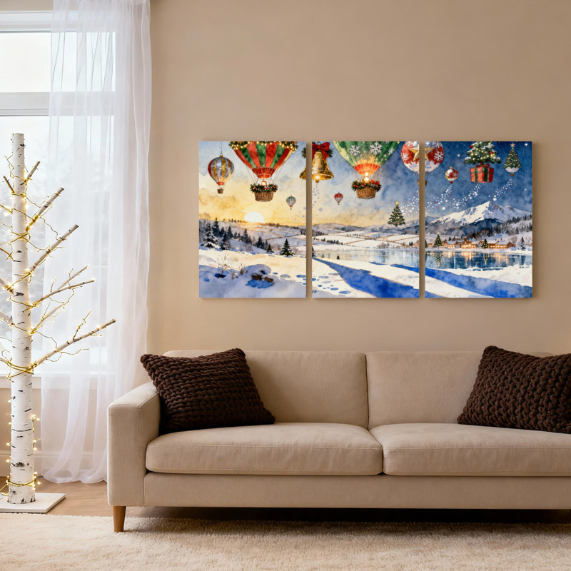 Ensemble de 3 tableaux sur toile représentant des montgolfières de Noël et un paysage d'hiver, H 30 po x l 60 po