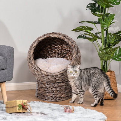 23.5" H Elevated Cat Cozy Bed, Gray, With Fluffy Cushion For Indoor Cats Up To 8 Lbs Raised Bed Reversible Basket, H, Feline