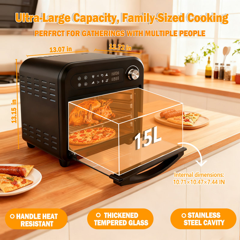 16QT Air Fryer Oven Combo, Convection Oven, Fast Preheat & Cooking, Fits 9-inch Pizza, Digital Display & Precise Temperature Control, Stainless Steel, Easy to Clean.