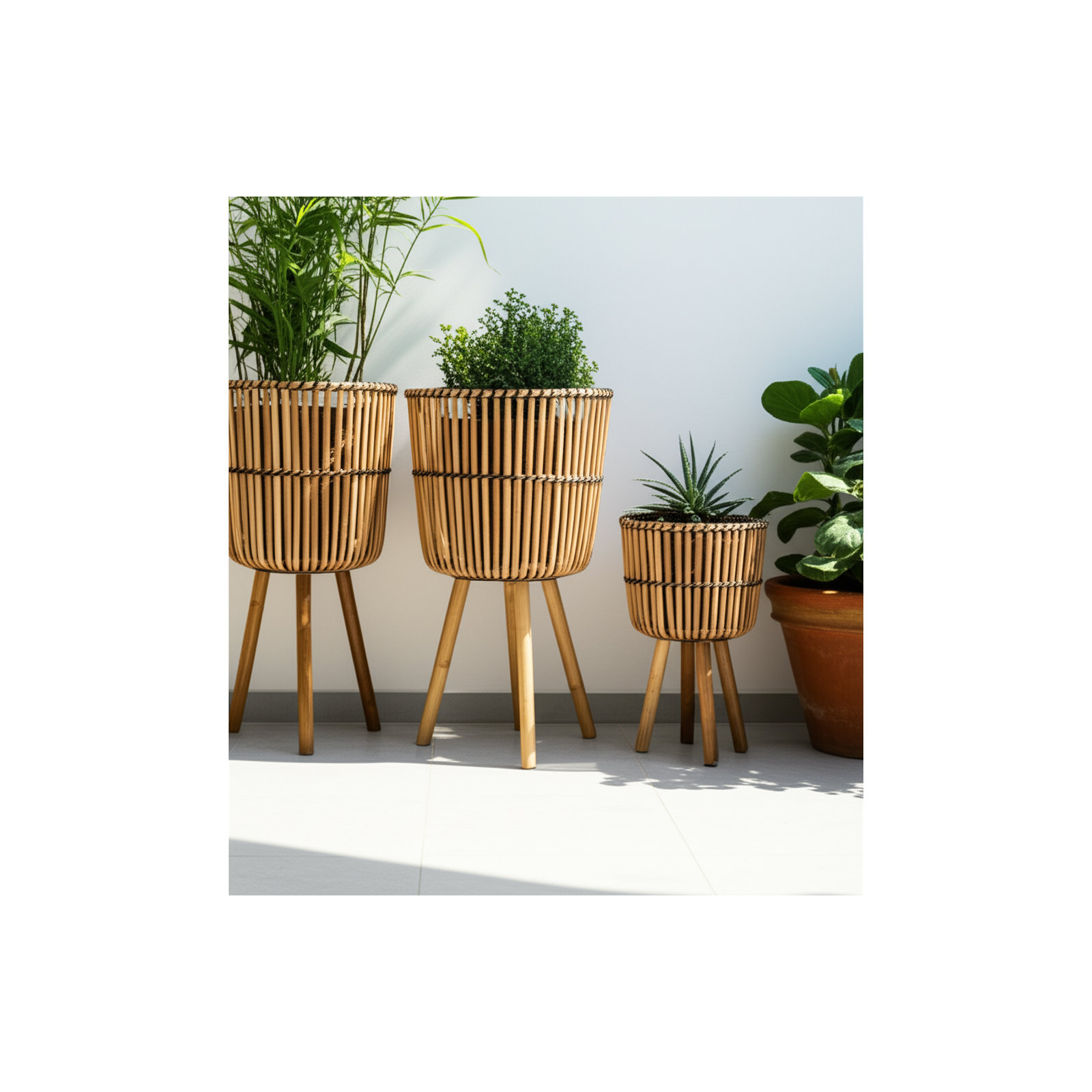 Wicker Modern Boho Bamboo Planter Set, Natural, 26" H x 15" W x 15" D, Set of 3
