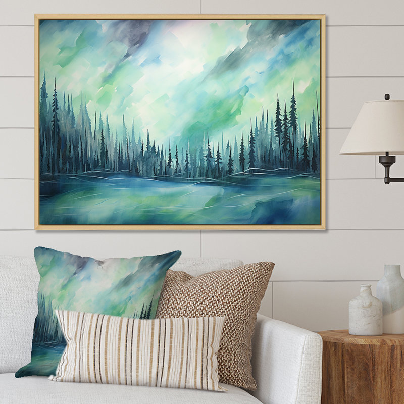 «Northern Lights Scenery Minimalisme II», reproduction sur toile, Cadre flottant blanc, H 16 po x l 32 po x P 1 po