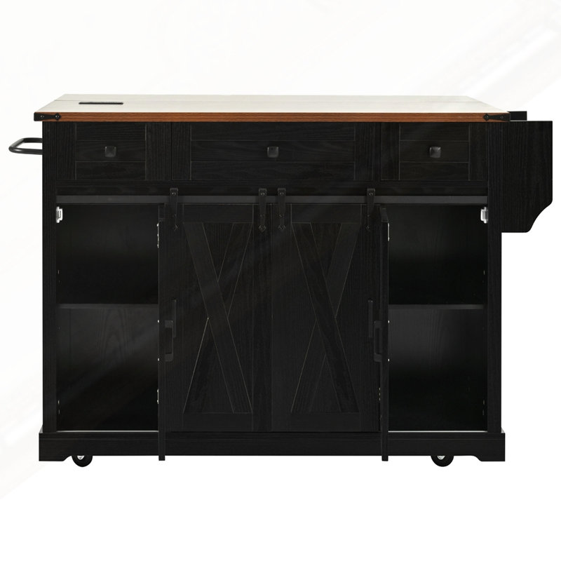 Farmhouse Kitchen Island With Storage, Black